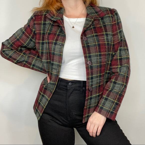 Vintage 90s Sag Harbor Olive & Burgundy Plaid Shacket Shirt Jacket Blazer Coat - Picture 3 of 11